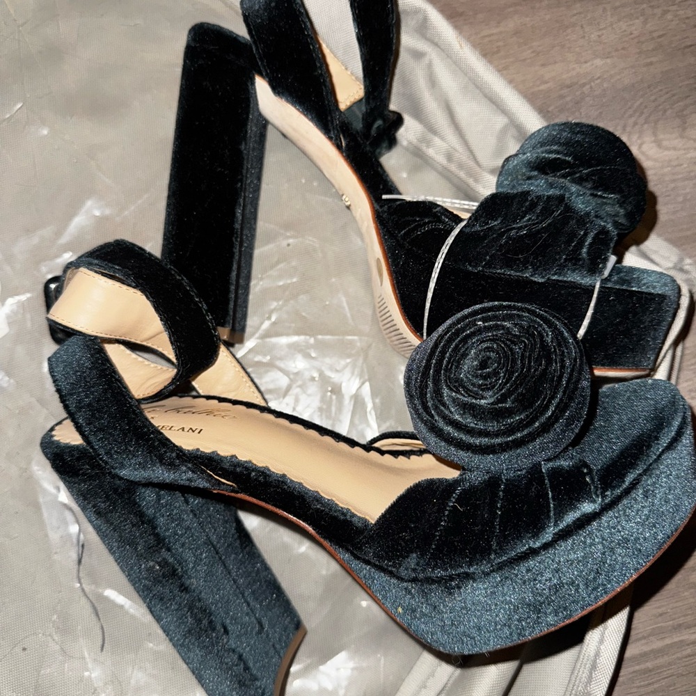 ANTONIO MELANI x Nicola Bathie Teal Velvet Heels with Floral Accent